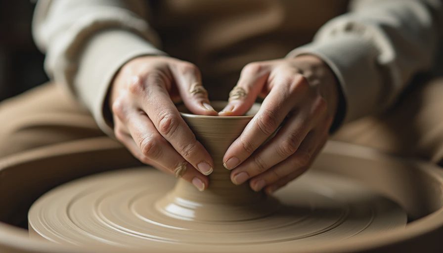 Hands shaping clay on pottery wheel with clay-stained shirt sleeve