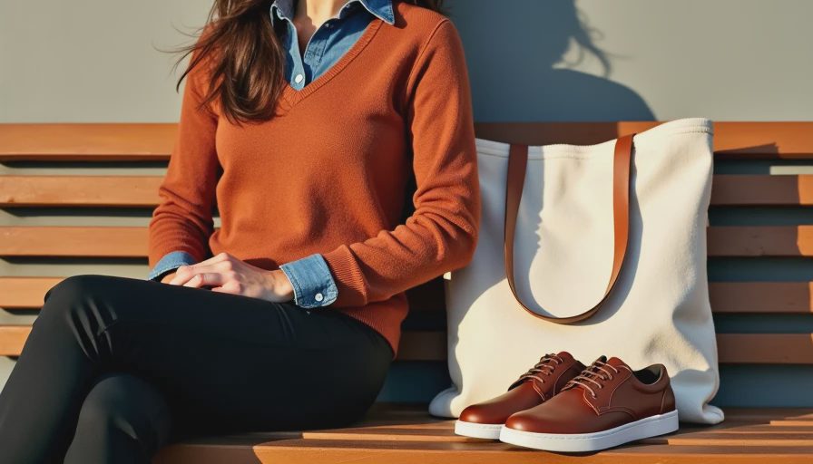 Terracotta sweater and denim shirt layered with black pants and accessories for brewery day