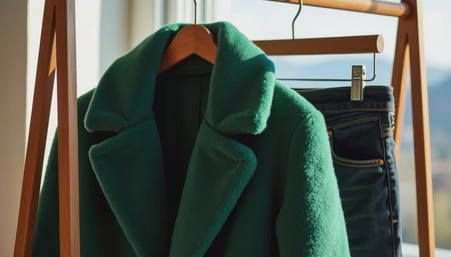 Green teddy coat hanging next to practical black blazer and jeans showing contrast between trendy and wearable pieces