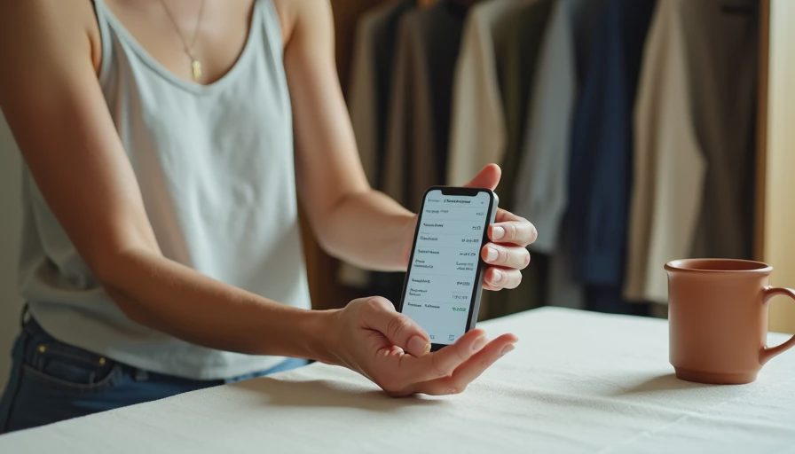Closeup of hands comparing cheap polyester trendy camisole and high-quality merino wool top beside a cost-per-wear phone spreadsheet