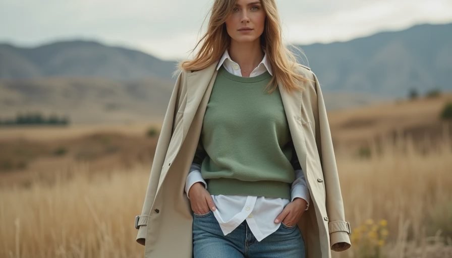 Sage green sweater styled with white shirt, wide leg jeans and trench coat for spring