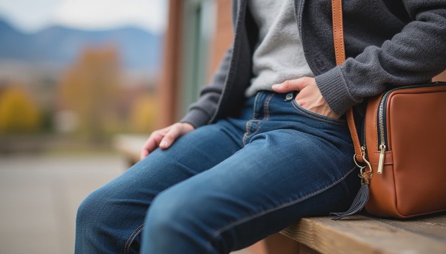 Styled Denver-made outfit with local jeans, knit cardigan and leather accessories