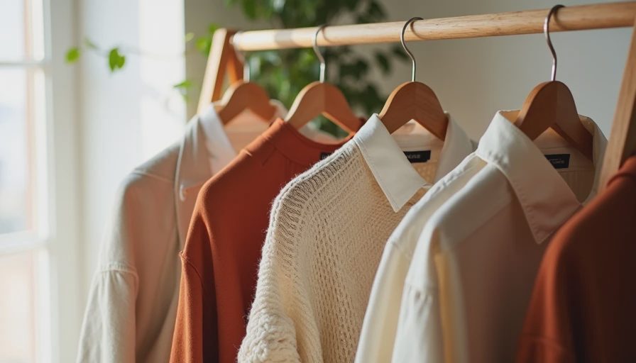 Mix and match WFH clothing pieces including button down, merino sweater and ponte pants hanging together