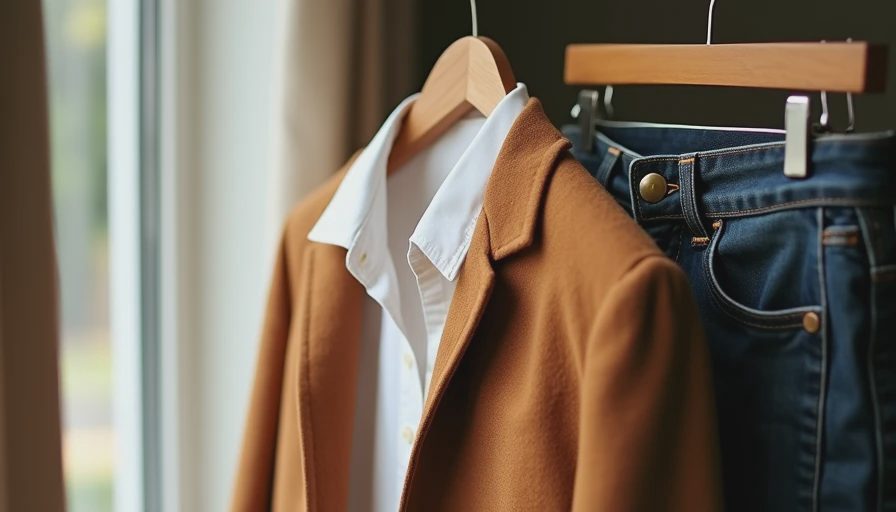 Camel wool blazer layered over white shirt and jeans demonstrating versatile styling
